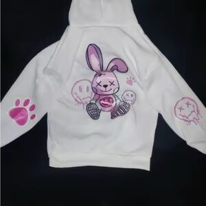 White Sweatshirt with Pink Bunny and Paw Prints